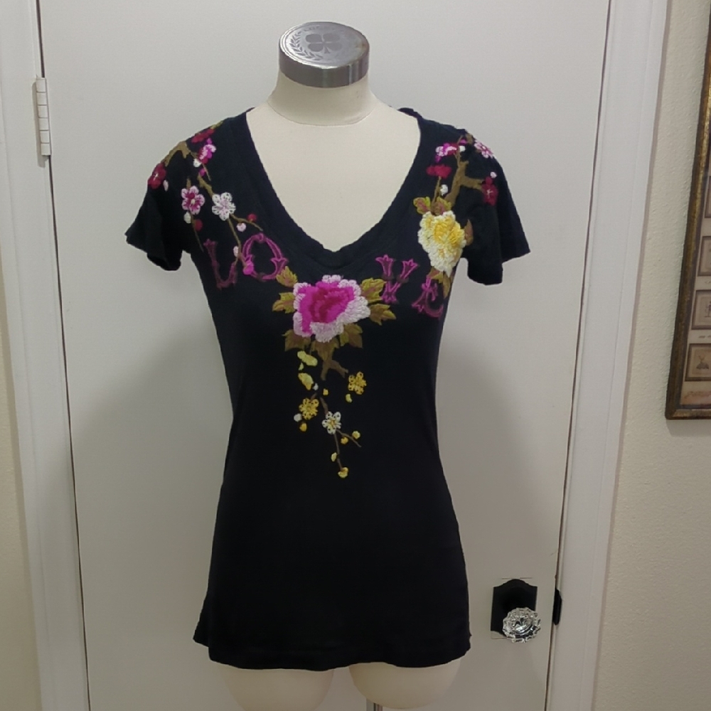 Vintage Johnny Was LA Love Tee with Opulent Embroidery.